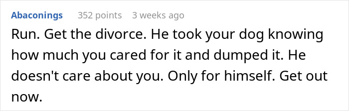 Comment advising a divorce due to a spouse's issue with the dog they gifted their partner.