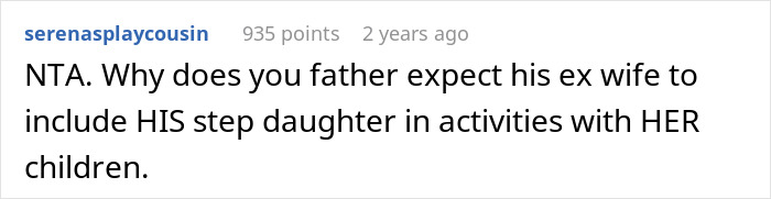 Reddit comment on not forcing a bond between a stepsister and her family. Reddit comment on not forcing a bond between a stepsister and her family.