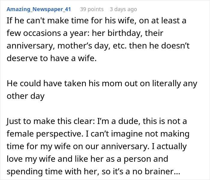 Man criticized for choosing mom over wife on anniversary, sparking online backlash.