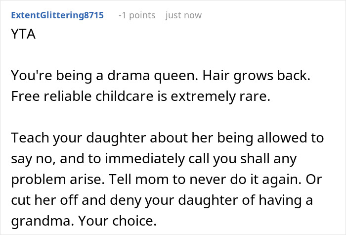 Reddit comment discussing MIL cutting child's hair, emphasizing free childcare and teaching boundaries.