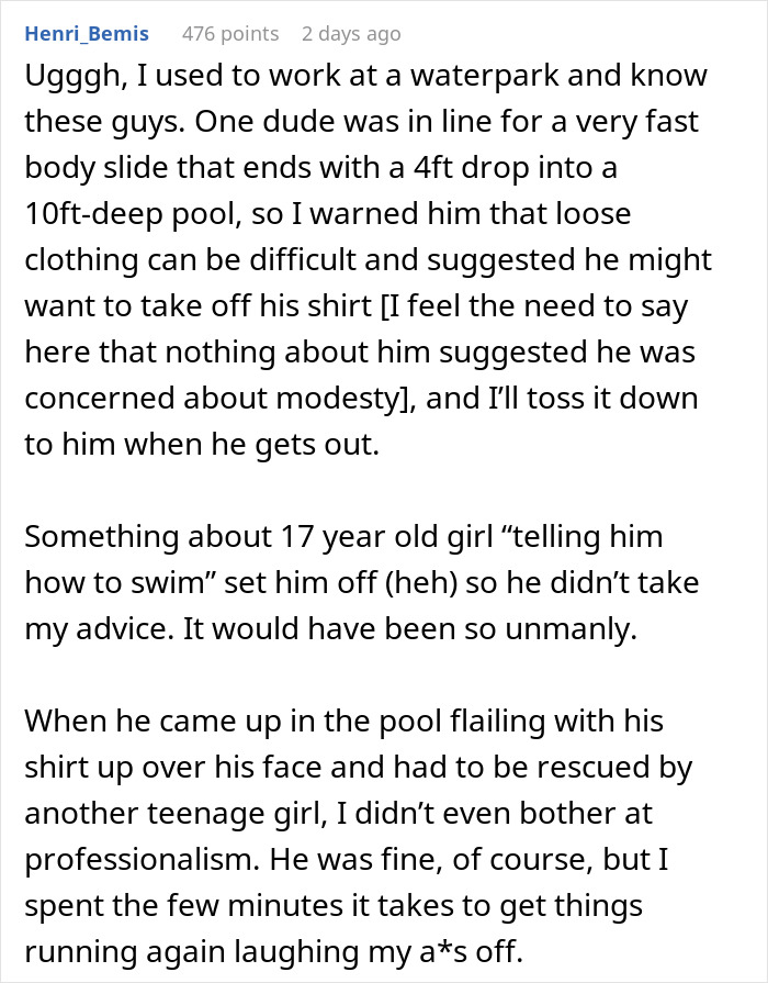 Comment describing a boomer nearly drowning and berating a lifeguard, highlighting fragile male ego at a waterpark.