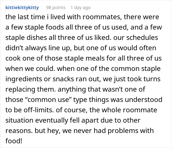 Text about roommates sharing staple foods and maintaining harmony in the household.