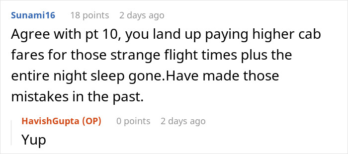 Reddit comment discussing mistakes related to affordable flights and travel timing.