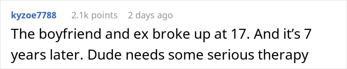 Comment discussing breakup at 17, mentions therapy for a boyfriend with an upset ex-girlfriend regarding marriage. Comment discussing breakup at 17, mentions therapy for a boyfriend with an upset ex-girlfriend regarding marriage.