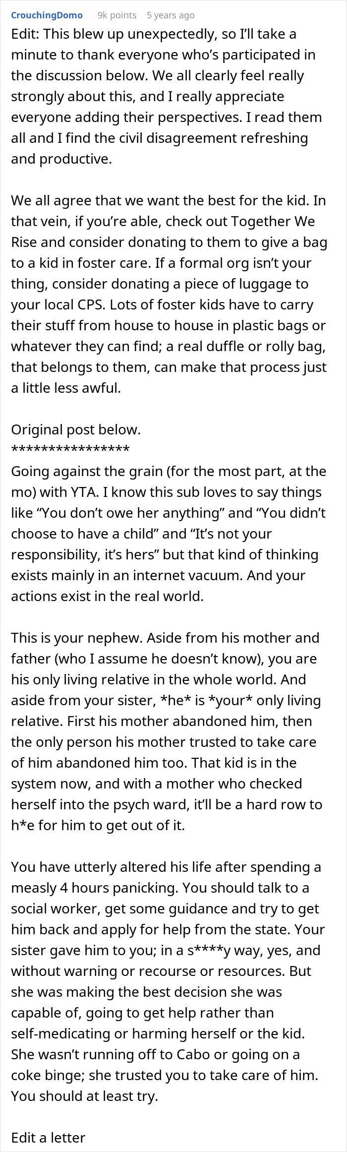Reddit post discussing turning to child services for a nephew and the moral implications involved.