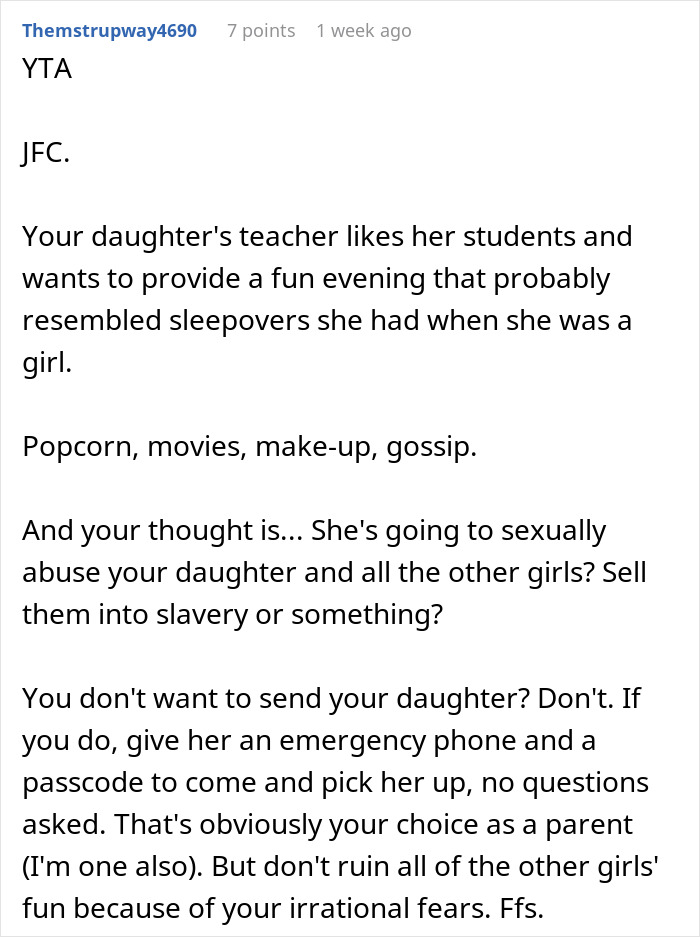 Text screenshot discussing concerns over a dance teacher's sleepover invitation, addressing safety and parental fears.