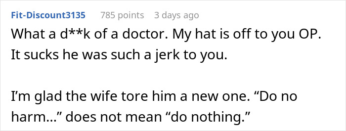 Reddit comment criticizing a neglectful doctor, praising the patient&rsquo;s wife for intervening.