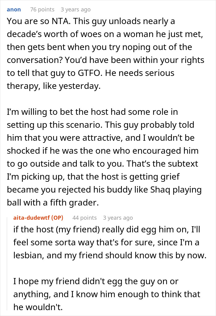 Text conversation discussing a guy oversharing life troubles with a woman, who responds by saying she's not a therapist.
