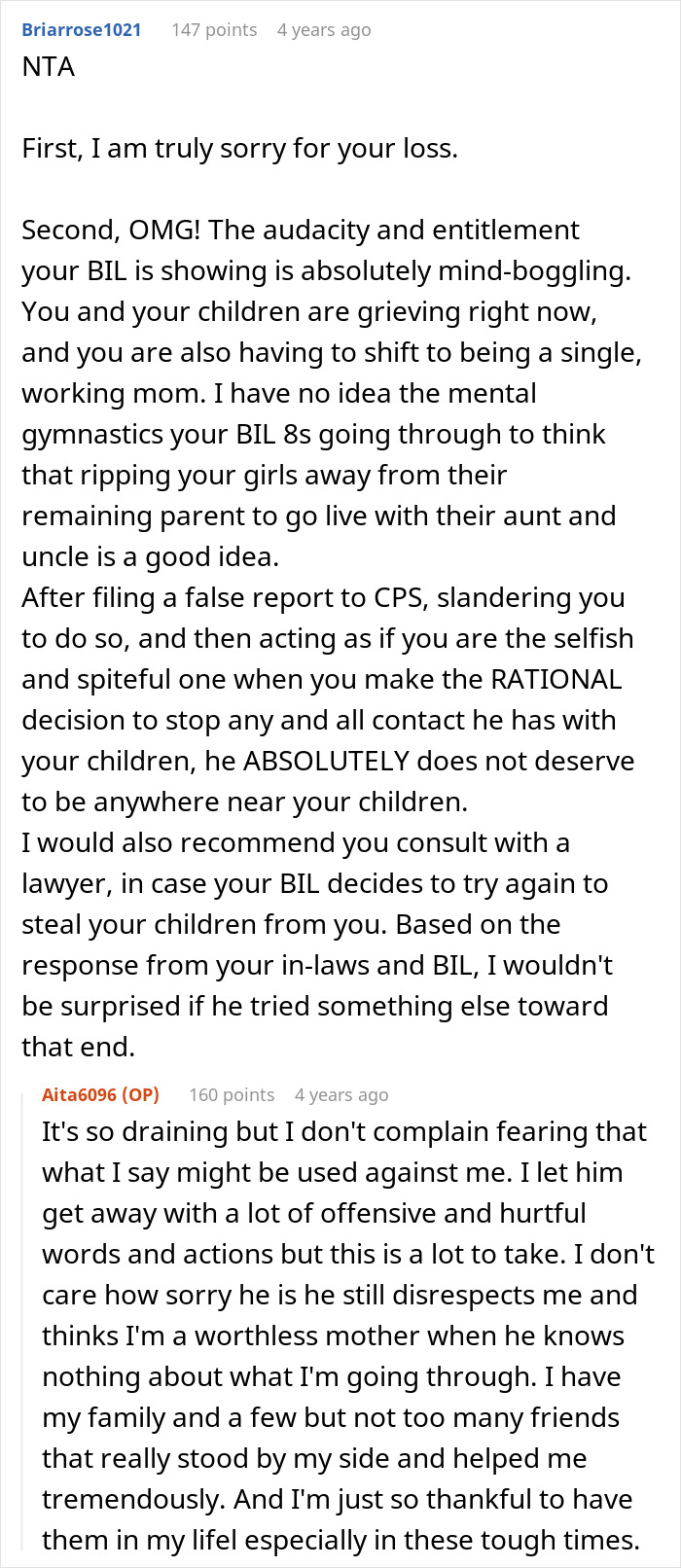 Reddit comment about a BIL falsely accusing a woman of being spiteful and calling CPS without a reason.