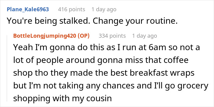 Conversation on precautions after breakup; advice on routine change and safety measures.