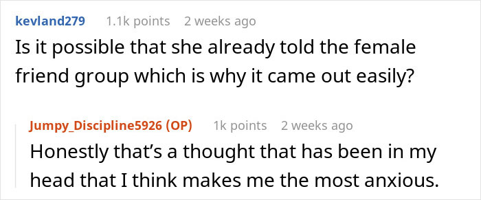 Reddit comments discussing anxiety and concerns about a spouse revealing private information to friends. Reddit comments discussing anxiety and concerns about a spouse revealing private information to friends.