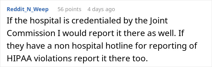 Reddit user's advice on reporting HIPAA violations regarding canceled doctor's appointment.