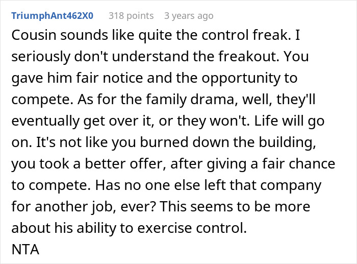 Reddit comment discussing maternity leave impact on work, highlighting control issues with cousin's response. Reddit comment discussing maternity leave impact on work, highlighting control issues with cousin's response.