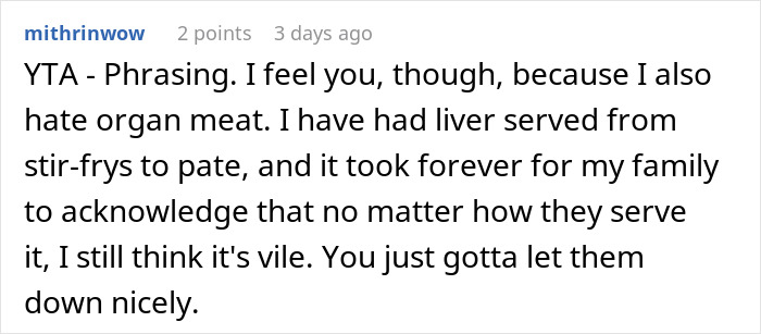 Comment discussing cultural food, describing dislike for organ meat like liver and referencing phrasing advice.