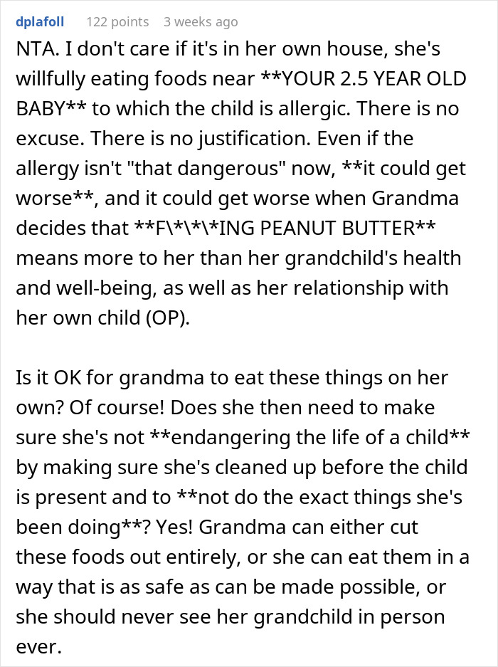 Comment discussing grandma threatening granddaughter&rsquo;s life over nuts and concerns about child&rsquo;s peanut allergy risks.
