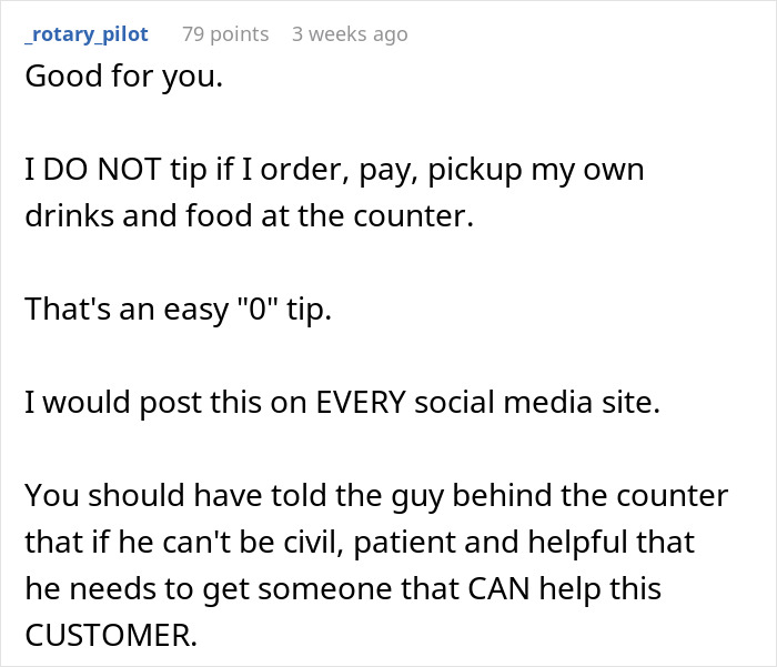 Text exchange discussing tipping and customer service at a restaurant counter. Text exchange discussing tipping and customer service at a restaurant counter.