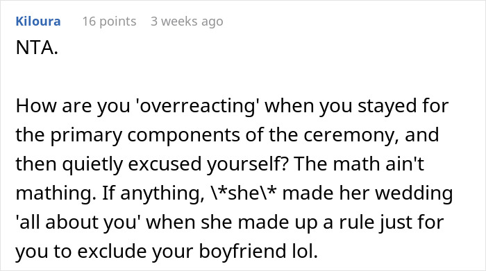 Comment discussing leaving a friend's wedding early due to no plus one policy.