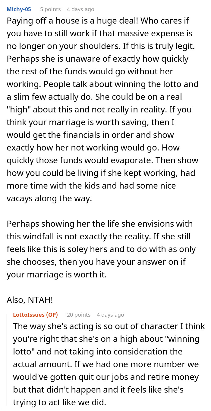 &ldquo;Reddit discussion on sharing lotto winnings in marriage, featuring user comments and advice.&rdquo;