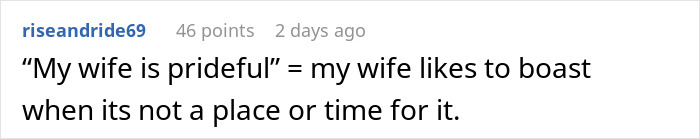Comment about a wife who boasts and is prideful, not knowing the cousin is wealthier. Comment about a wife who boasts and is prideful, not knowing the cousin is wealthier.
