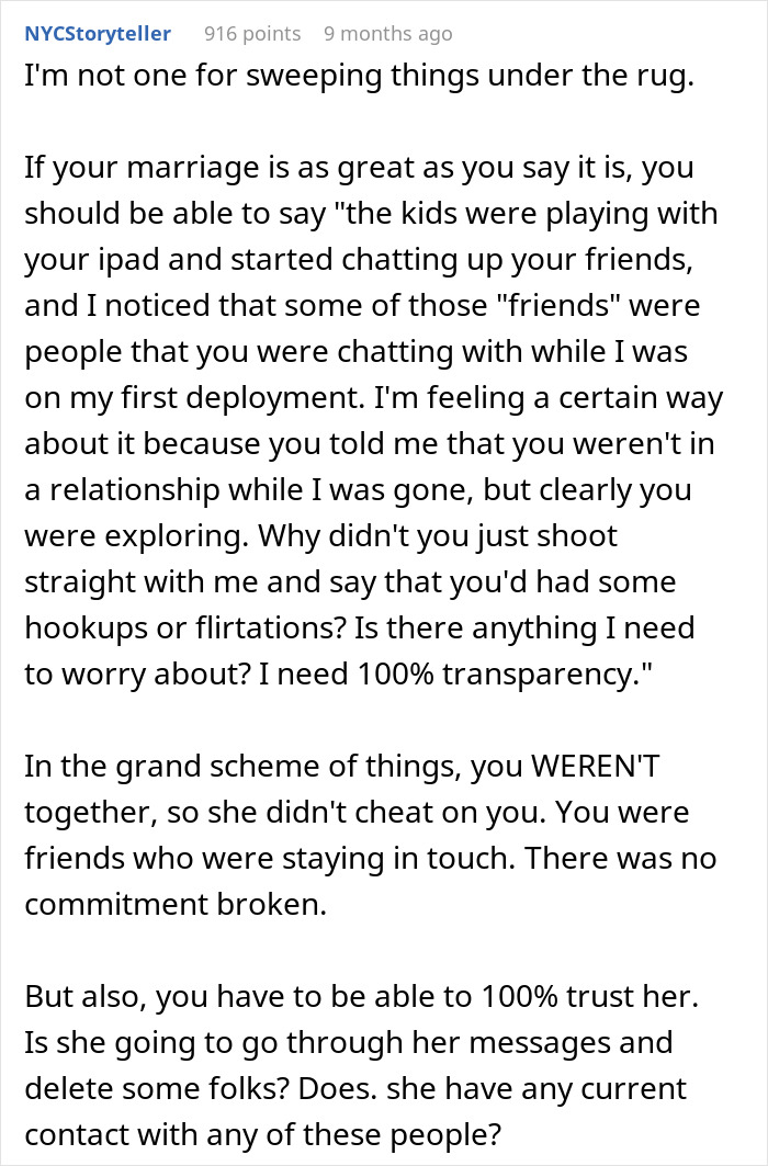 Text exchange revealing marriage secrets and communication issues.