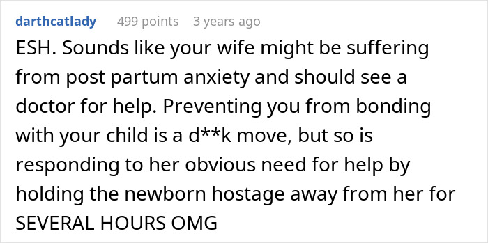 Forum comment discussing postpartum anxiety and newborn separation from wife.