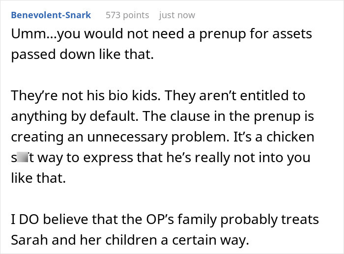 Text discussing family assets being passed down to biological kids only, highlighting prenup issues.