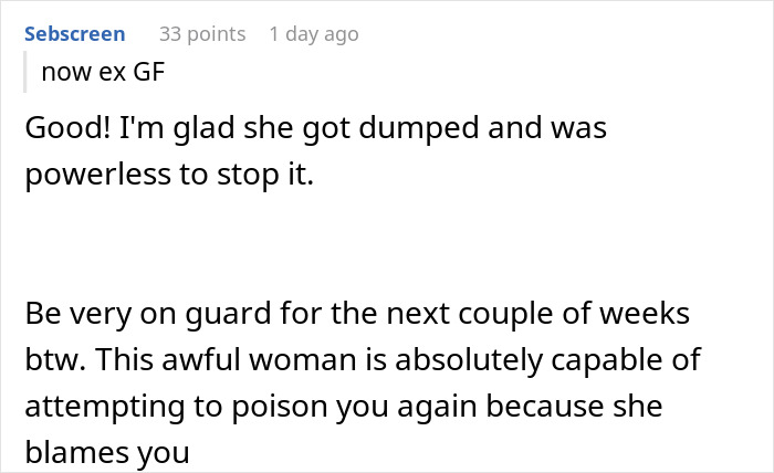 Comment discussing ex-girlfriend and concerns about her actions, mentioning potential threats and advice to stay cautious.