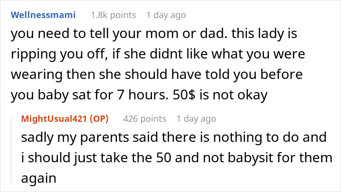 Babysitter underpaid for 7 hours due to tank top dispute with religious couple, online comments advise, "Tell your parents. Babysitter underpaid for 7 hours due to tank top dispute with religious couple, online comments advise, "Tell your parents.