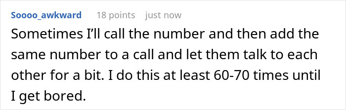 Text conversation about repeatedly calling a spam number to make them stop, showing persistence in dealing with spam callers.