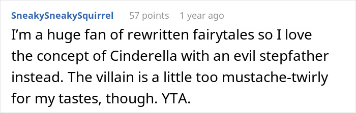 A Reddit comment discusses a stepfather wanting his stepdaughter to stay at home for chores, referencing fairytale themes.
