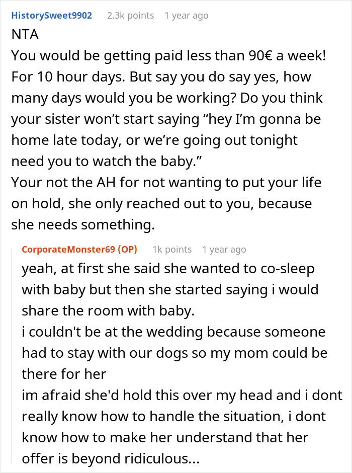 Reddit comments discussing unfair babysitting pay and conflict over sister refusing $1 an hour for newborn care.