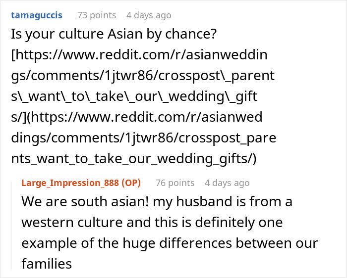 Reddit post discussing cultural differences in a wedding gift agreement.