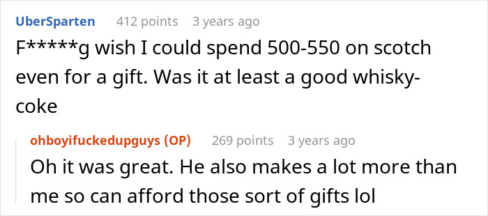 Comments about expensive $500 scotch and affordability in a casual chat.