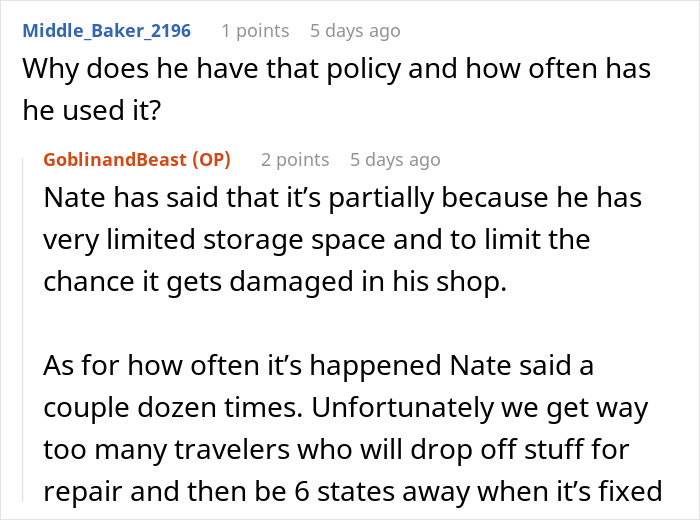 Reddit conversation about laptop policy, highlighting storage issues and frequent sales of uncollected items.