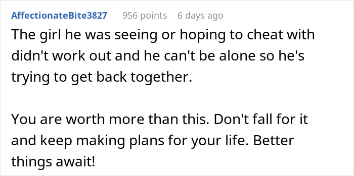 Reddit comment about breakup, woman moves on after 9-year relationship ends abruptly, ex wants her back.