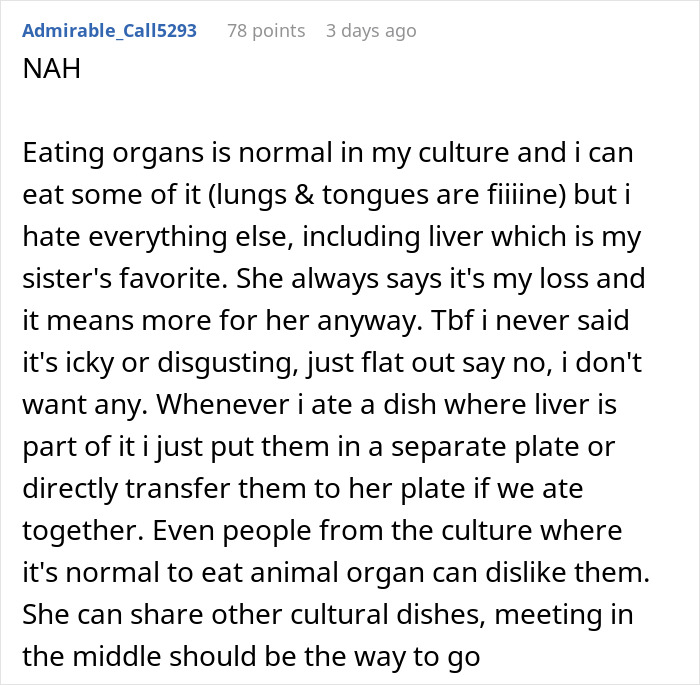Discussion post about cultural food preferences, addressing opinions on eating organs and sharing cultural dishes.