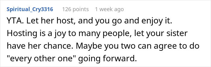 Comment discussing a sister trying to change tradition and the user shutting her down in an online forum thread. Comment discussing a sister trying to change tradition and the user shutting her down in an online forum thread.