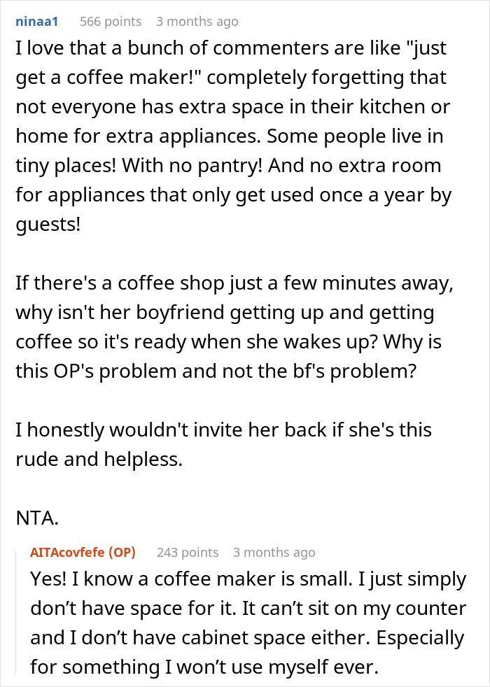 Reddit comments discussing the drama of a guest upset over no coffee at a friend's house, citing space issues for no coffee maker.