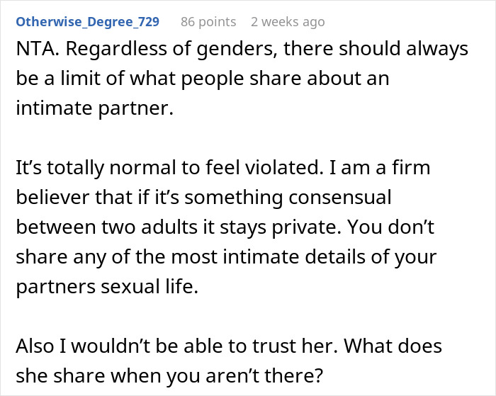 Text comment discussing privacy and trust issues in relationships after a partner shares intimate details. Text comment discussing privacy and trust issues in relationships after a partner shares intimate details.