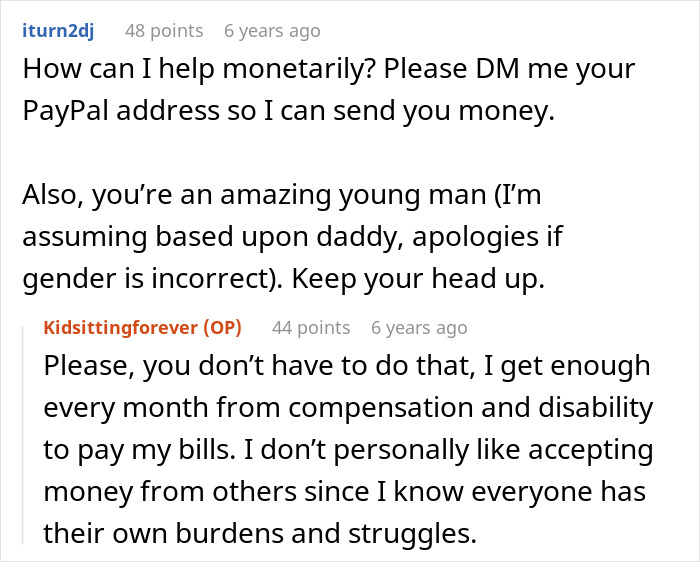 Conversation about babysitting a daughter, discussing financial help and refusing monetary assistance.