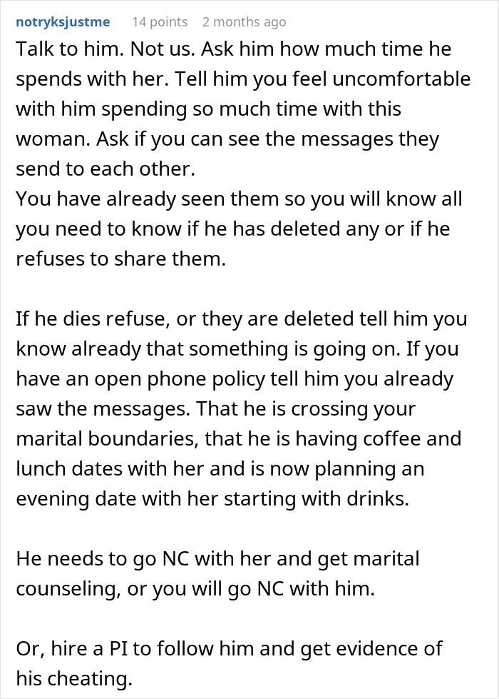 Alt text: Advice on confronting husband about late-night drinks with coworker and uncovering the truth in marriage.