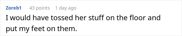 Comment about plane passenger revenge, suggesting tossing belongings and putting feet on them.