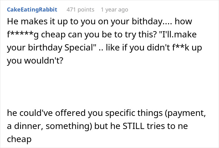 Text comment discussing a cheap attempt to make up for past actions, suggesting specific offers instead.