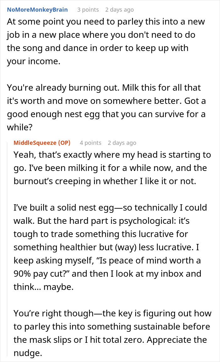 Reddit discussion about making millions with little work, user shares feelings of burnout and financial decisions.