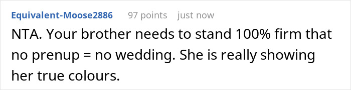 Text from a forum user about family and prenuptial advice.