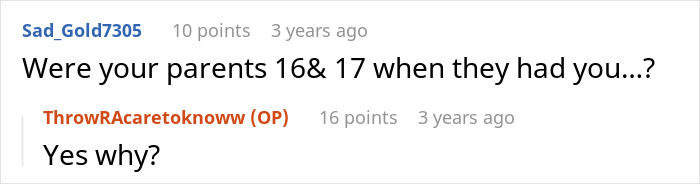 Reddit comment discussion about young parents and their ages. Reddit comment discussion about young parents and their ages.