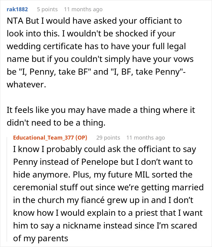 Reddit comments discussing wedding name change secrecy and officiant's role.
