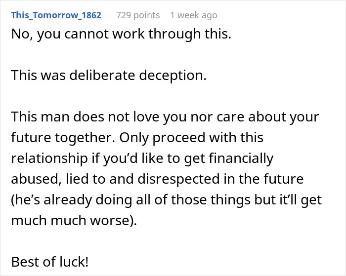 A comment exposes a boyfriend secretly pocketing rent money, leading to mistrust. A comment exposes a boyfriend secretly pocketing rent money, leading to mistrust.