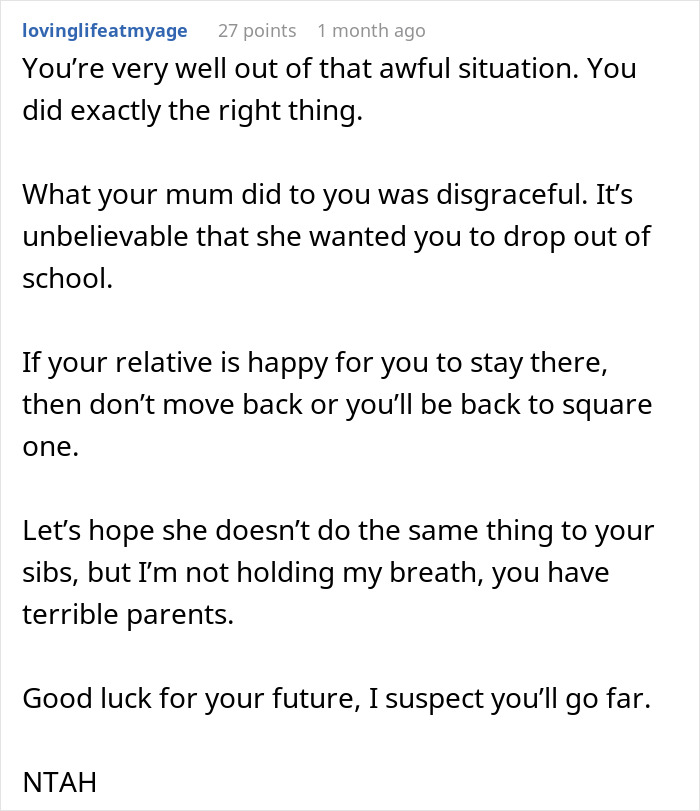 Reddit comment criticizing a mother for making her 16-year-old son the man of the house, applauding child's decision. Reddit comment criticizing a mother for making her 16-year-old son the man of the house, applauding child's decision.