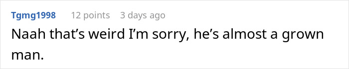 Comment expressing unease about a teen boy wanting to snuggle with his dad.